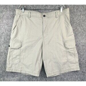 Izod Men's Cargo Shorts 38 Beige Green Plaid Utility Pockets Outdoor
